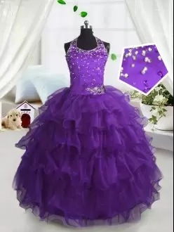 Ball Gowns Little Girls Pageant Dress Wholesale Purple Scoop Organza Sleeveless Floor Length Lace Up