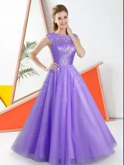 Colorful Lavender A-line Tulle Bateau Sleeveless Beading and Lace Floor Length Backless Bridesmaid Dresses