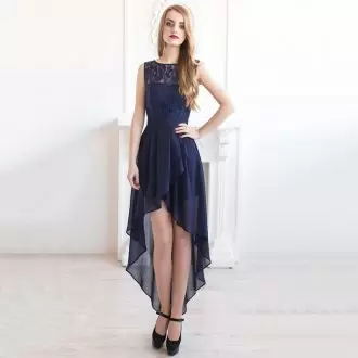 High Low Navy Blue Bridesmaid Dresses Bateau Sleeveless Side Zipper