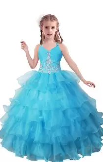 Organza Sleeveless Floor Length Custom Made Pageant Dress and Beading and Ruffled Layers