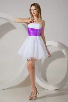 Mini Length Zipper Bridesmaid Gown White And Purple for Prom and Party and Wedding Party with Beading