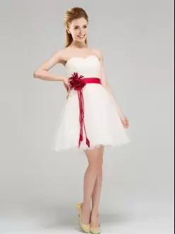 Fine White Sleeveless Sashes ribbons and Hand Made Flower Mini Length Bridesmaid Dress