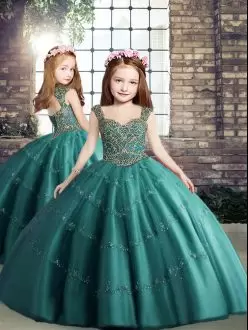 Elegant Floor Length Ball Gowns Sleeveless Teal Little Girl Pageant Gowns Lace Up