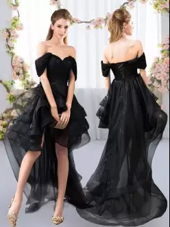 Black Wedding Guest Dresses Prom and Party and Wedding Party with Lace and Ruffled Layers Off The Shoulder Short Sleeves Lace Up