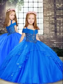 Pretty Tulle Straps Sleeveless Lace Up Beading Little Girls Pageant Dress Wholesale in Blue