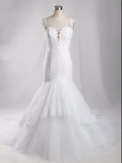 Charming White Wedding Dresses Tulle Brush Train Sleeveless Lace