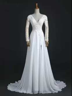 White Empire V-neck Long Sleeves Chiffon Brush Train Backless Lace Celebrity Dresses