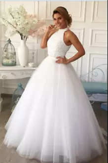 Hot Sale White Sleeveless Floor Length Beading Backless Wedding Gown High-neck