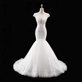 Scoop Cap Sleeves Bridal Gown With Train Court Train Appliques White Organza