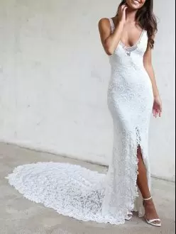 White Lace Backless Wedding Dress Sleeveless Brush Train Lace