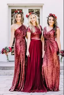 Burgundy Lace Up One Shoulder Beading and Lace Bridesmaid Gown Satin and Organza Sleeveless Sweep Train
