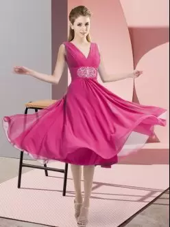 Sexy V-neck Sleeveless Wedding Party Dress Knee Length Beading Hot Pink Chiffon