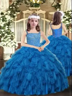 Gorgeous Ball Gowns Little Girls Pageant Dress Wholesale Blue Straps Organza Sleeveless Floor Length Lace Up