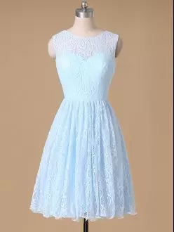 Bateau Sleeveless Zipper Bridesmaid Dress Baby Blue Lace Lace and Bowknot
