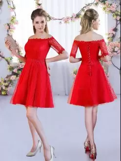 Fashionable Half Sleeves Lace Mini Length Lace Up Wedding Party Dress in Red with Lace