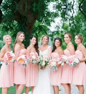 Luxurious Sleeveless Chiffon Knee Length Bridesmaids Dress in Pink with Ruching