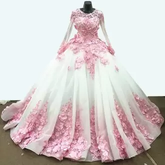 Artistic Red and Pink And White Long Sleeves Chapel Train Appliques and Hand Made Flower Wedding Gowns
