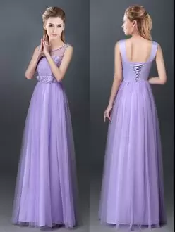 Sleeveless Floor Length Lace and Hand Made Flower Lace Up Wedding Party Dress with Lavender