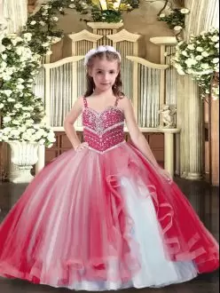 Exquisite Red Ball Gowns Tulle Straps Sleeveless Beading Floor Length Lace Up Custom Made Pageant Dress