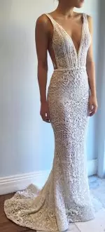 Sleeveless Beading and Lace Lace Up Wedding Gowns with Champagne Brush Train