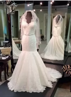 Sexy Sleeveless V-neck Sweep Train Lace Mermaid Wedding Dress