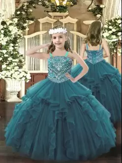 Dazzling Straps Sleeveless Custom Made Pageant Dress Floor Length Beading and Ruffles Teal Organza