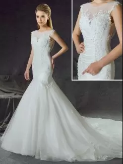 White Scoop Neckline Lace and Appliques Wedding Dresses Sleeveless Side Zipper