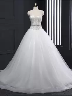 Noble White Sleeveless Tulle Court Train Zipper Bridal Gown for Wedding Party