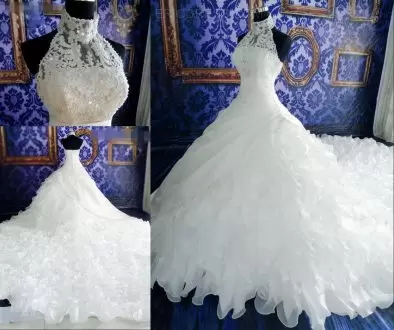 With Train White Bridal Gown Organza Cathedral Train Sleeveless Beading and Appliques and Ruffles