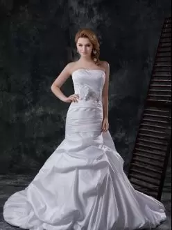 Fantastic Strapless Sleeveless Wedding Gown With Brush Train Pick Ups and Hand Made Flower White Taffeta