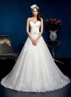 Shining White Wedding Gowns Wedding Party with Beading and Appliques and Ruching Sweetheart Sleeveless Sweep Train Lace Up