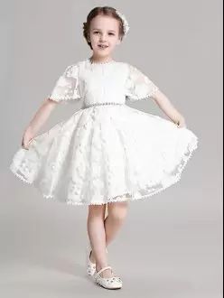 White Zipper Flower Girl Dress Beading and Appliques Short Sleeves Mini Length