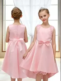 Lace and Bowknot Toddler Flower Girl Dress Pink Zipper Sleeveless High Low