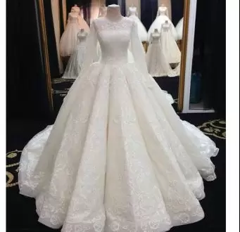 White Wedding Dress Wedding Party with Appliques Scoop Long Sleeves Sweep Train Lace Up