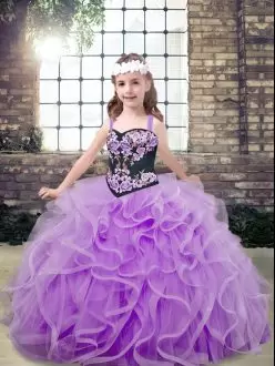 Stylish Lavender Pageant Dress Party and Wedding Party with Embroidery and Ruffles Straps Sleeveless Lace Up