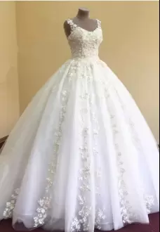 Custom Made White Tulle Zipper Bridal Gown Sleeveless With Train Court Train Beading and Lace and Appliques