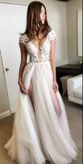 White Wedding Dresses Prom and Party and Wedding Party with Appliques V-neck Cap Sleeves Lace Up