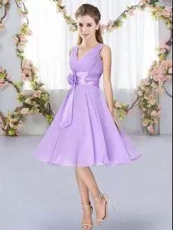 Sleeveless V-neck Lace Up Knee Length Hand Made Flower Bridesmaid Gown V-neck