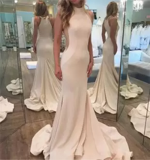 Latest High-neck Sleeveless Brush Train Side Zipper Wedding Gown White Ruching