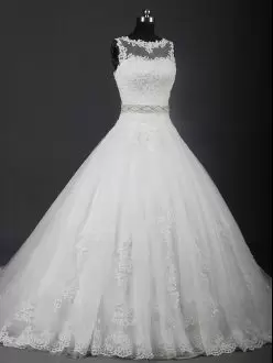 Charming White Wedding Dress Scoop Sleeveless Brush Train Lace Up