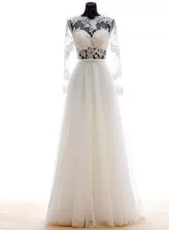 White Empire Tulle Scoop Long Sleeves Lace and Appliques Floor Length Lace Up Wedding Dresses
