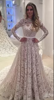 Dynamic White Lace Backless Wedding Dress Long Sleeves Court Train Lace