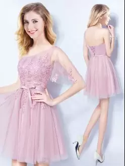 Fine Mini Length Empire Sleeveless Pink Bridesmaids Dress Lace Up
