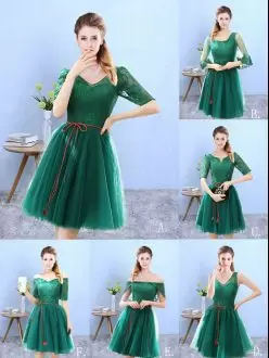 Green Tulle Backless Bridesmaid Dresses Half Sleeves Knee Length Lace