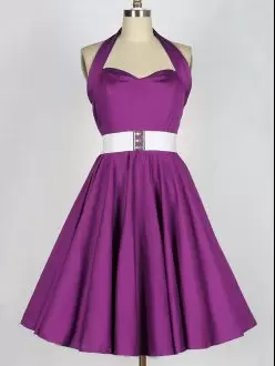 Purple Dama Dress Prom and Party and Wedding Party with Belt Halter Top Sleeveless Lace Up