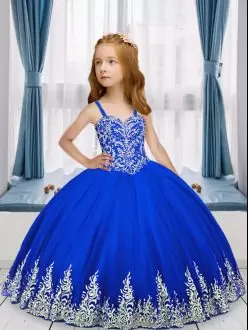 Floor Length Royal Blue Glitz Pageant Dress Tulle Sleeveless Embroidery