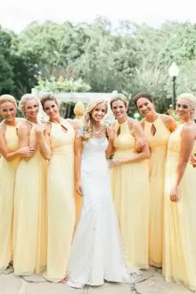 Chiffon Scoop Sleeveless Ruching Bridesmaid Dresses in Yellow