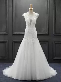 Delicate White Wedding Dresses Scoop Sleeveless Brush Train Lace Up