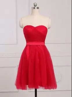 Romantic Red Sweetheart Tulle Ruching Short Damas Dress with Sash