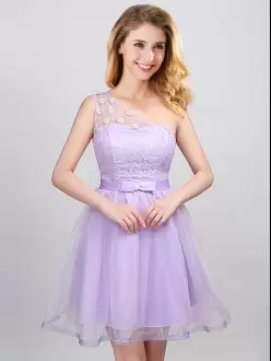 Mini Length Lace Up Dama Dress Lavender for Prom and Party and Wedding Party with Lace and Appliques and Belt